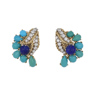 18K Gold Diamonds Clip Earrings with Lapis