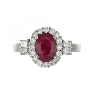 Estate 18K White Gold Burmese Ruby & Diamond Halo Ring