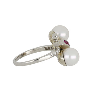 Art Deco Platinum Pearl Bypass Ring with Diamonds and Rubies