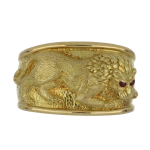 Estate David Webb 18K Gold Repousse Lion Cuff Bracelet with Rubies