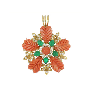 Vintage/Estate 18K Gold Corals Flower Pendant with Chrysoprases