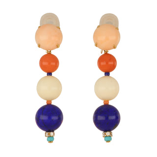 Tenenbaum Collection 18K Gold Coral, Lapis and Turquoise Drop Earrings with Diamonds