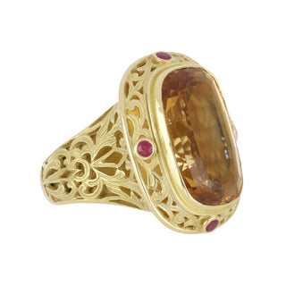 Estate 18K Gold Citrine Cocktail Ring with Rubies