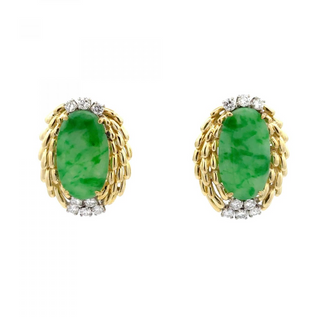 Mid-Century Trio Textured 18K Gold Jadeite Earrings with Diamonds