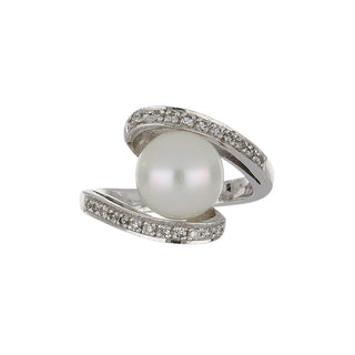 Vintage/Estate 18K White Gold Cultured Pearl Bypass Ring with Diamonds