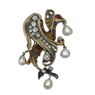 Art Nouveau 14K Gold and Silver Mythological Creature Brooch with Diamonds