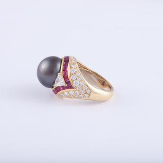 Vintage/Estate 18K Gold Tahitian Pearl Cocktail Ring with Rubies