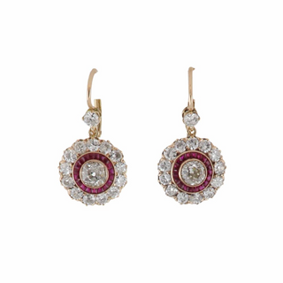 Late Victorian 18K Rose Gold Ruby and Diamond Target Drop Earrings