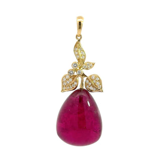 Vintage/Estate 18K Gold Rubellite Tourmaline Drop Pendant with Diamonds