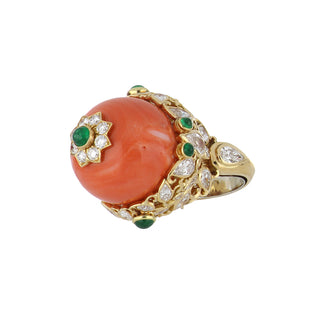 David Webb 18K Gold Diamonds Cocktail Ring with Coral