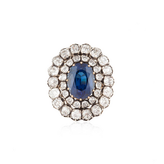 Victorian Silver-Topped Gold Sapphire Ring with Diamonds