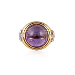 Estate 18K Gold Cabochon Amethyst Cocktail Ring with Diamonds