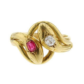 Victorian 18K Gold Serpent Ring with Diamond and Ruby