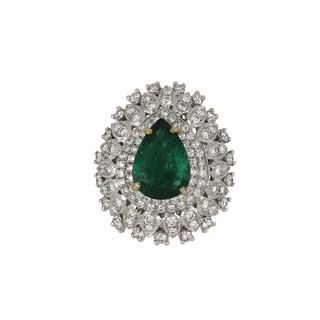 Vintage/Estate 18K White Gold Emerald Cluster/Halo Ring with Diamonds