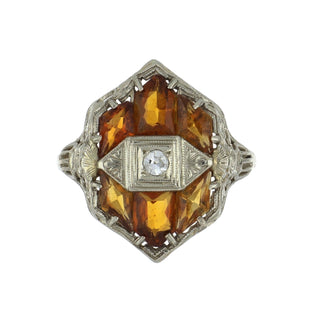 Vintage/Estate White 14K Gold Citrines Cluster/Halo Ring with Diamond