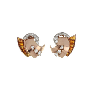 Vintage/Estate Two-Tone G&PT Citrines Clip Earrings with Diamonds