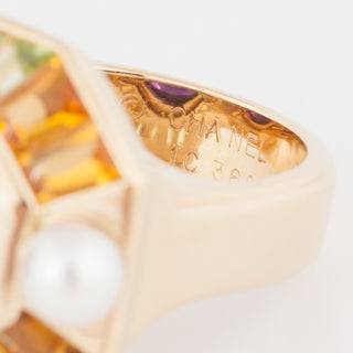 Vintage Chanel 18K Gold Multi-Gemstone Ring with Pearls