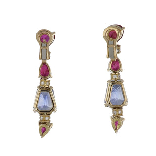 Vintage 1980s Bulgari 18K Gold Ruby and Sapphire Drop Earrings