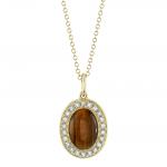 Shy Creation 14K Gold Tigers Eye Pendant Necklace with Diamond