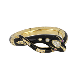 Victorian 18K Gold Black Enamel Snake Bracelet with Diamonds and Rubies