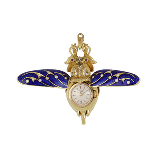 Retro 18K Gold Blue Enamel Beetle Pendant with Diamonds and Rubies