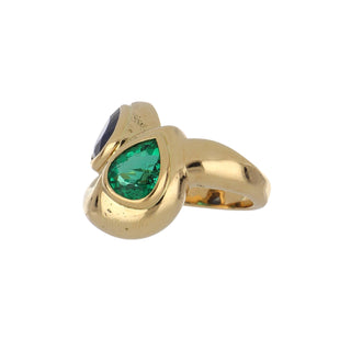 Rene Boivin 18K Gold Sapphire Crossover Ring with Emerald