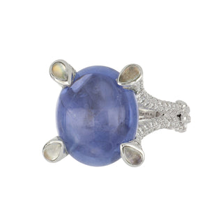 Estate Nicholas Varney 18K White Gold Sapphire Ring with Moonstone and Diamonds