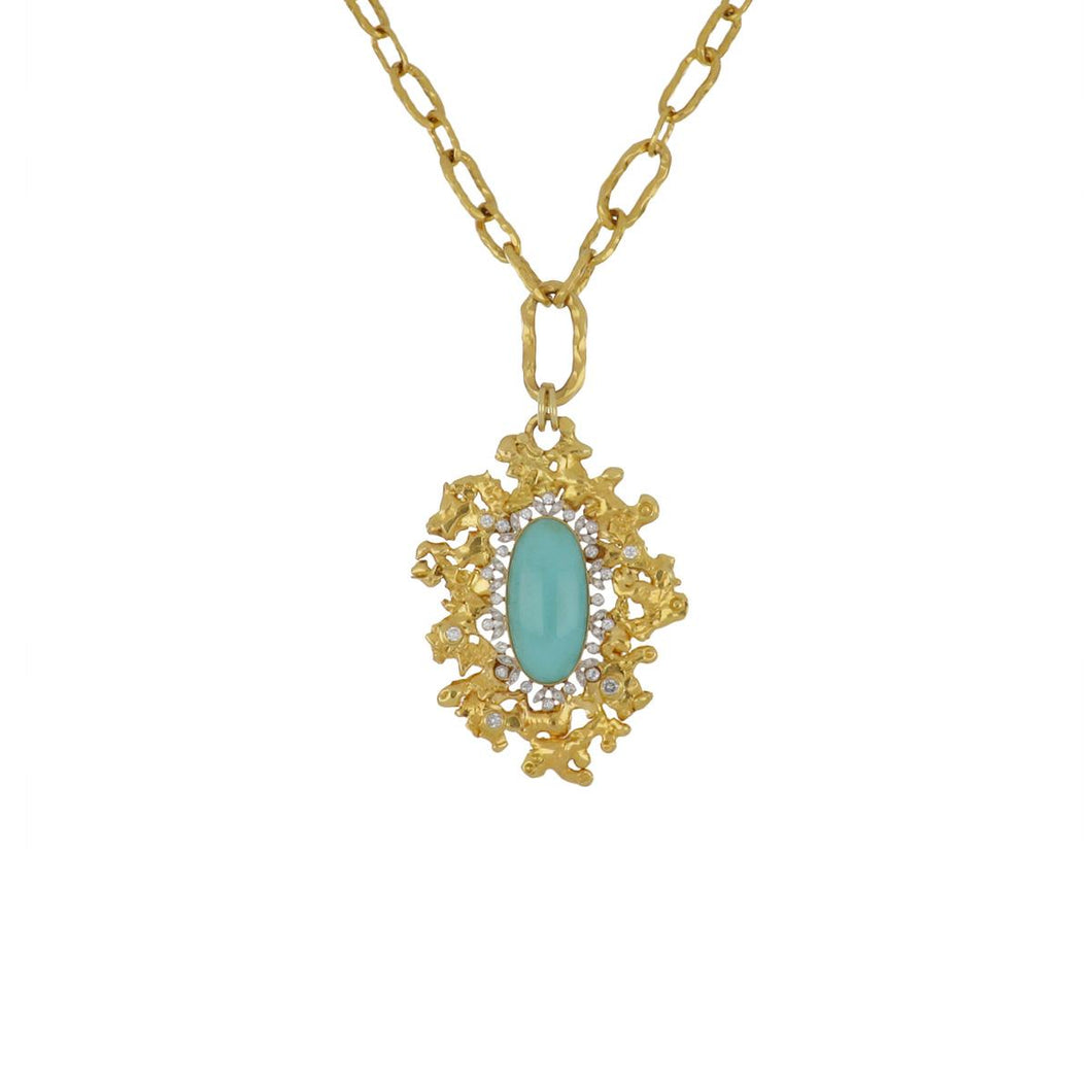 Estate Jean Mahie 22K Gold Turquoise and Diamond Pendant Necklace with Chain