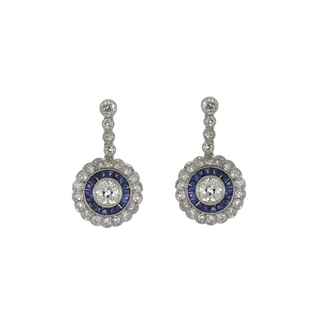 Estate Art Deco-Style Platinum Sapphire and Diamond Target Drop Earrings