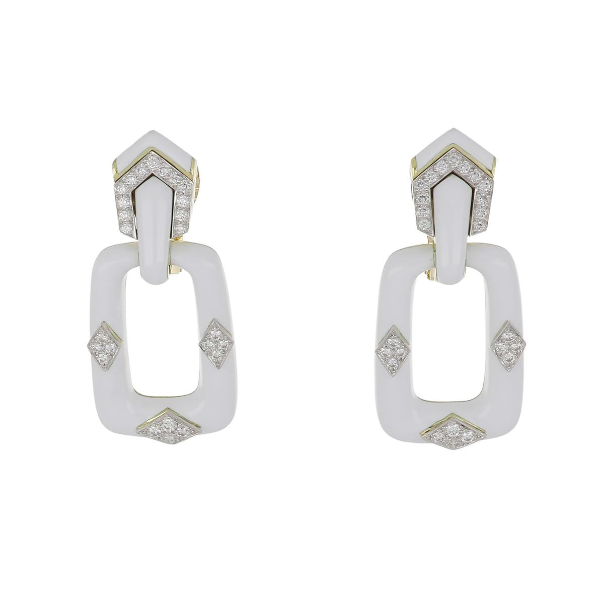 Estate David Webb Platinum and 18K Gold White Enamel Doorknocker Earrings