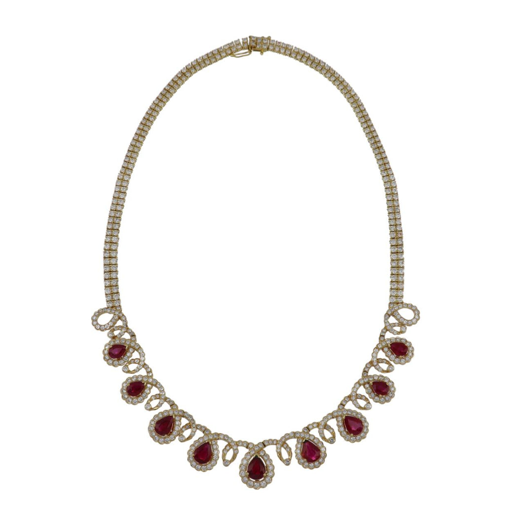 Vintage 1990s 18K Gold Ruby and Diamond Necklace