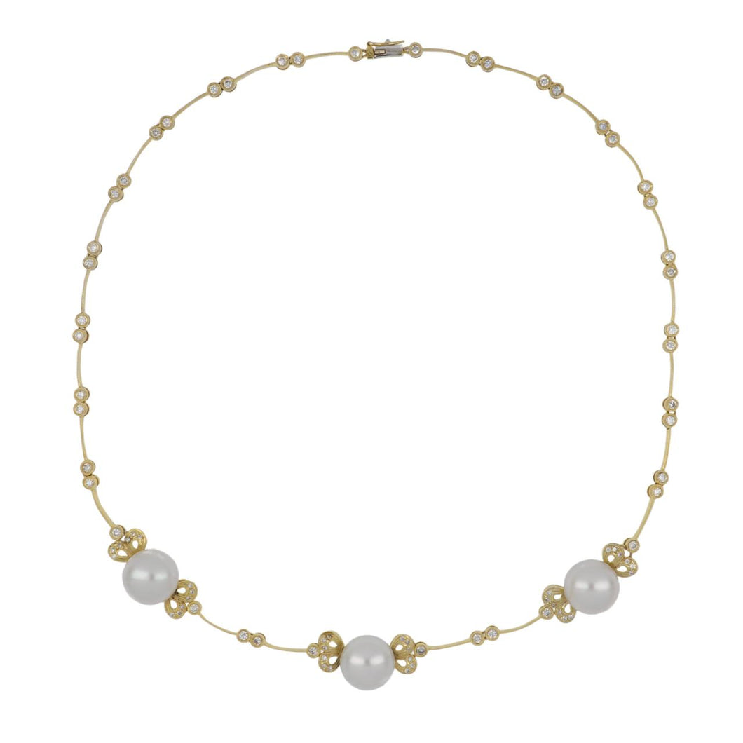 Estate 18K Gold South Sea Pearl Necklace with Diamonds