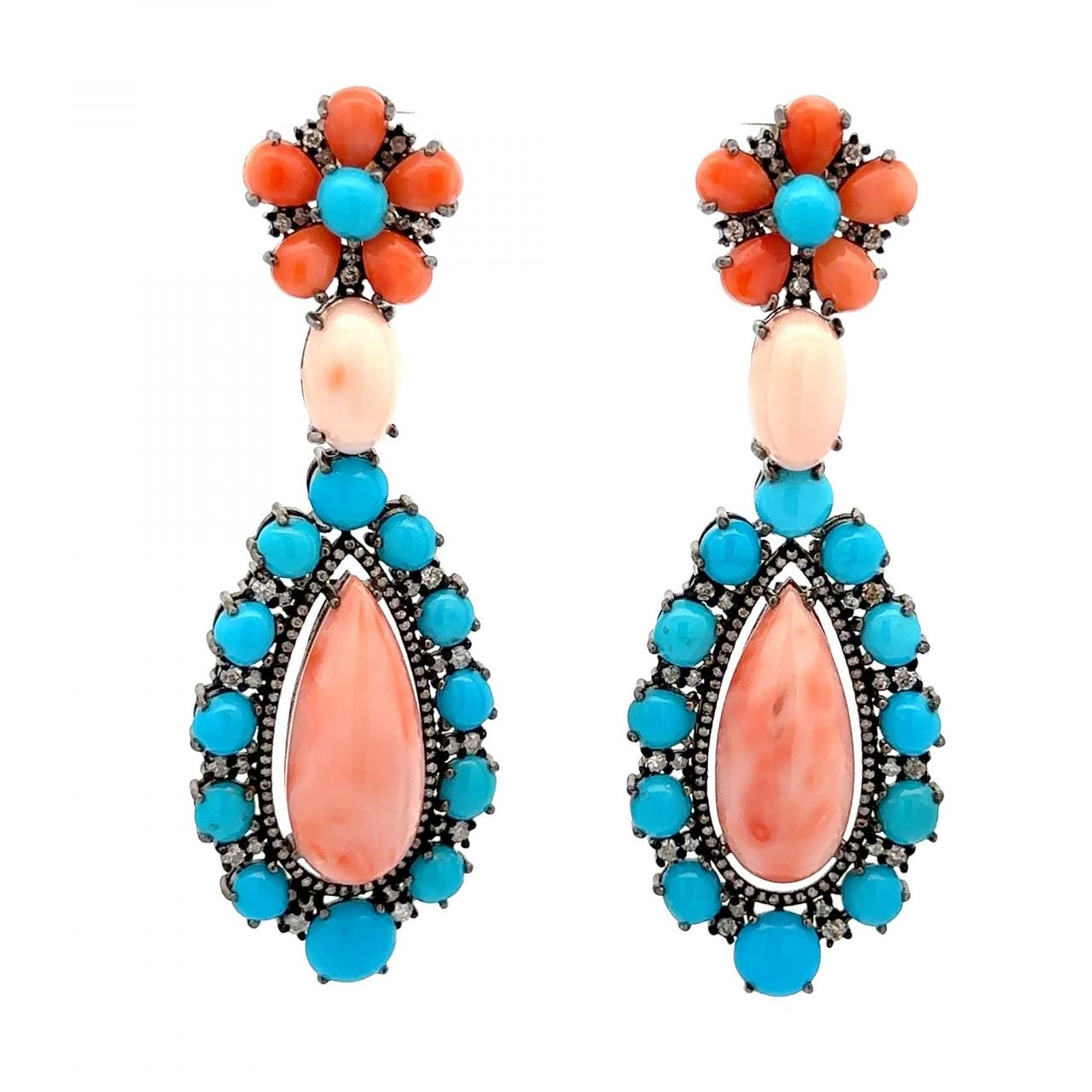 Coral Turquoise Vemeil Earrings Gemstone Mandala style buy Jewelry Gift ideas