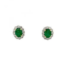 Load image into Gallery viewer, Emerald 18K Gold and Diamond Halo Stud Earrings
