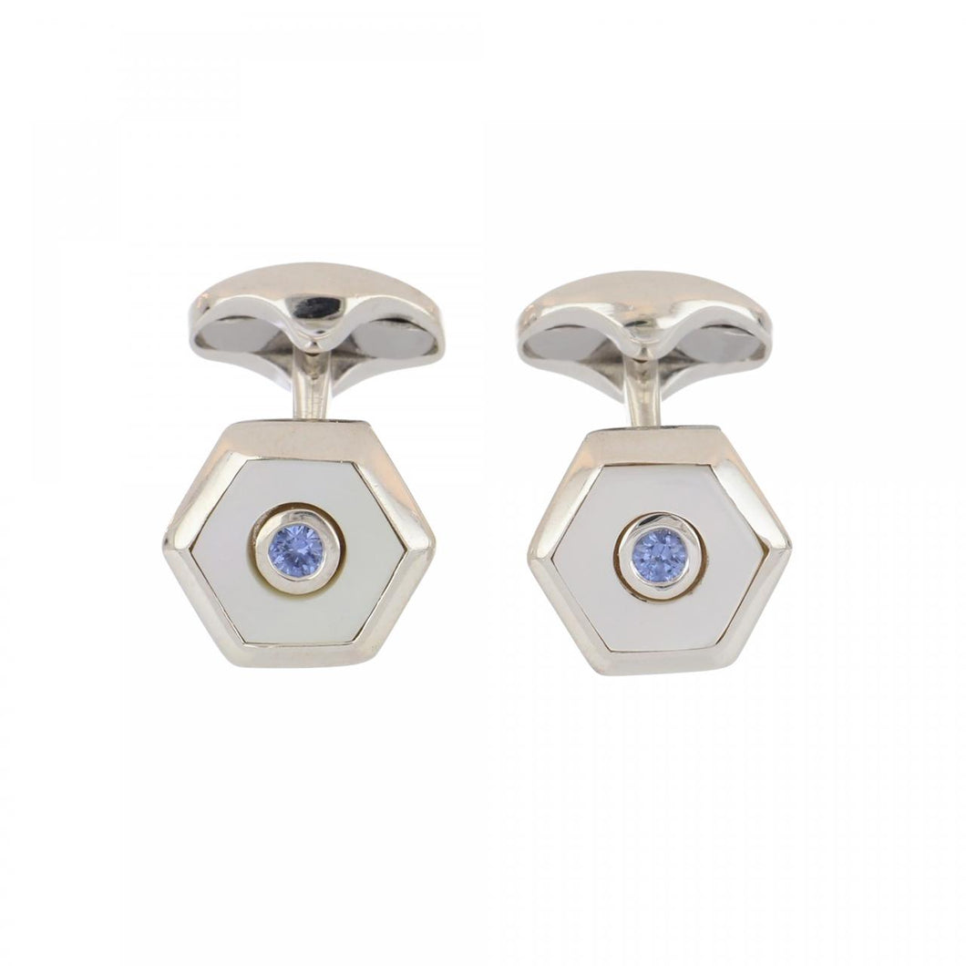 Deakin & Francis Sterling Silver Mother-of-Pearl and Sapphire Cufflinks