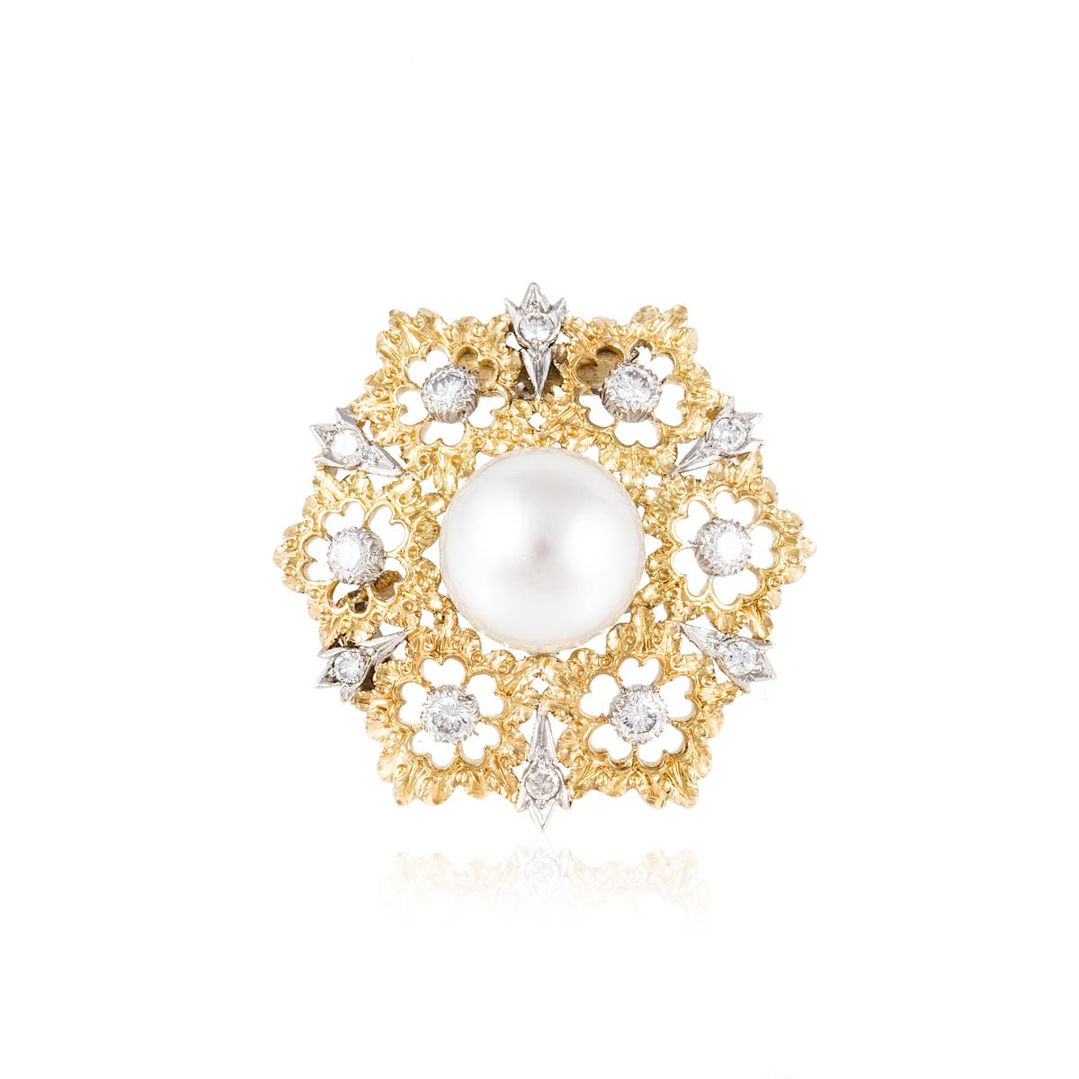 Estate Jewelry Buccellati 18K Yellow Gold Sapphire & Diamonds Flower Brooch - Estate Jewelry 