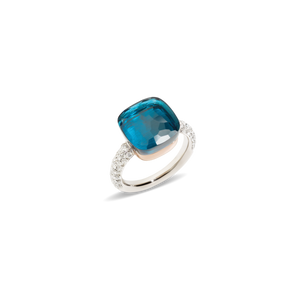 Pomellato 18K White and Rose Gold 'Nudo' Blue Topaz Ring with Diamonds