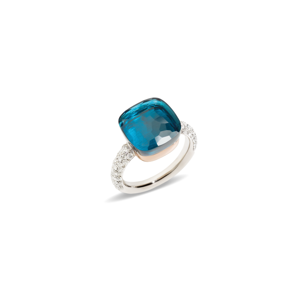 Pomellato 18K White and Rose Gold 'Nudo' Blue Topaz Ring with Diamonds