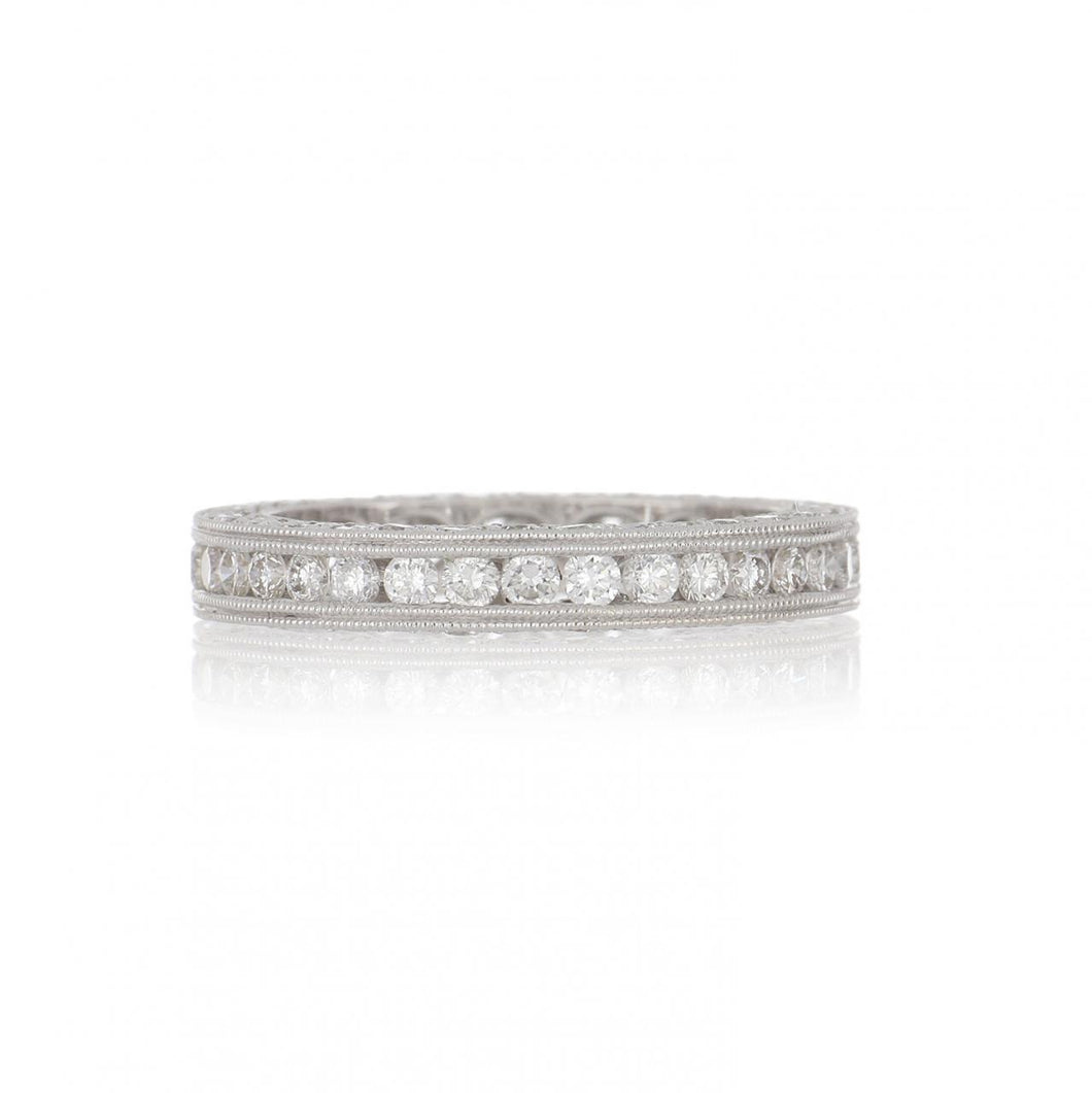 Estate 18K White Gold Diamond Eternity Band with Millegrain and Diamond Sides